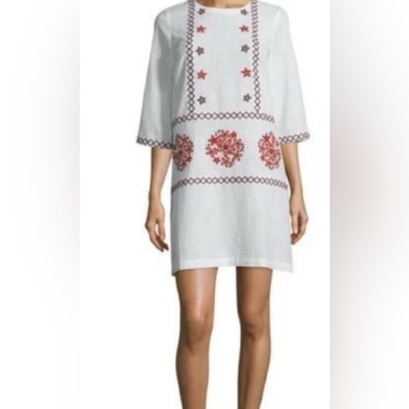 SUNO Dresses & Skirts - Suno White Embroidered Tunic Dress Boho Cottagecore Floral‎ Appliqué Size 6